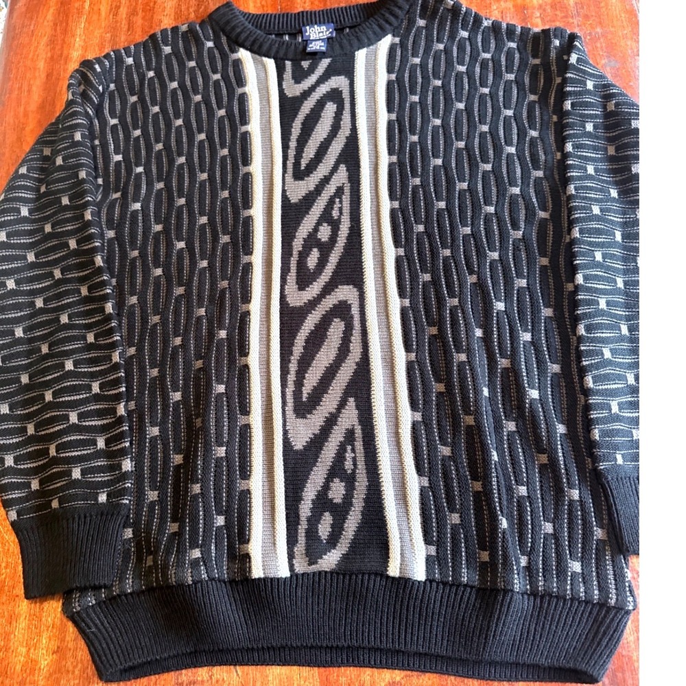 John Blair‎ Mens XL Vintage Geometric Abstract Knit Sweater Black Grey Acrylic